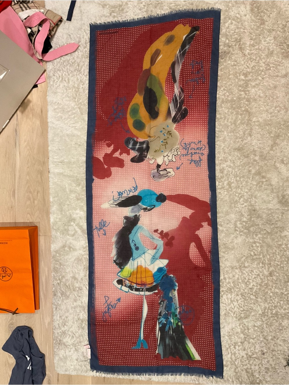 Christian Lacroix Red Multicolor Fashion Illustration Silk Scarf